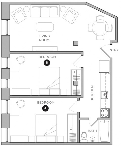 Floor plan for 3 beds, 1 bath, 550 sqft